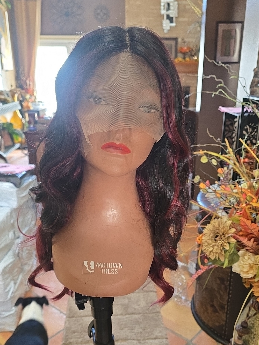 Women's Lace Front Synthetic Wig in Black with Burgundy Highlights